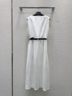 Prada 2025 Sleeveless Dress with Belt Navy Blue and White Linen
