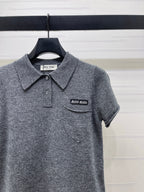 Miumiu 2026 Collared Knit Short-sleeved Sweater Cream and Gray Cashmere