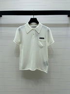 Miumiu 2026 Collared Knit Short-sleeved Sweater Cream and Gray Cashmere