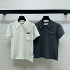 Miumiu 2026 Collared Knit Short-sleeved Sweater Cream and Gray Cashmere
