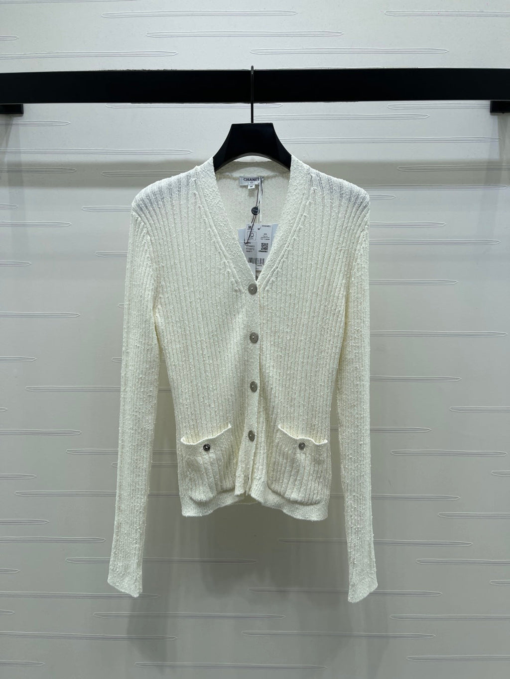 Chanel 2026 V-neck Knit Cardigan White and Black Wool Viscose