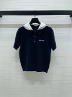 Miumiu 2026 Pan Collar Knit Short-Sleeve T-Shirt Gray and Navy Blue Wool