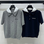 Miumiu 2026 Pan Collar Knit Short-Sleeve T-Shirt Gray and Navy Blue Wool