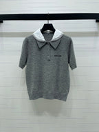 Miumiu 2026 Pan Collar Knit Short-Sleeve T-Shirt Gray and Navy Blue Wool