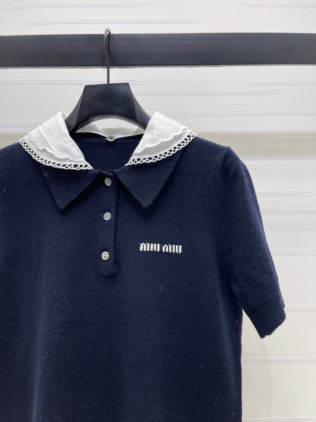 Miumiu 2026 Pan Collar Knit Short-Sleeve T-Shirt Gray and Navy Blue Wool