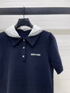 Miumiu 2026 Pan Collar Knit Short-Sleeve T-Shirt Gray and Navy Blue Wool