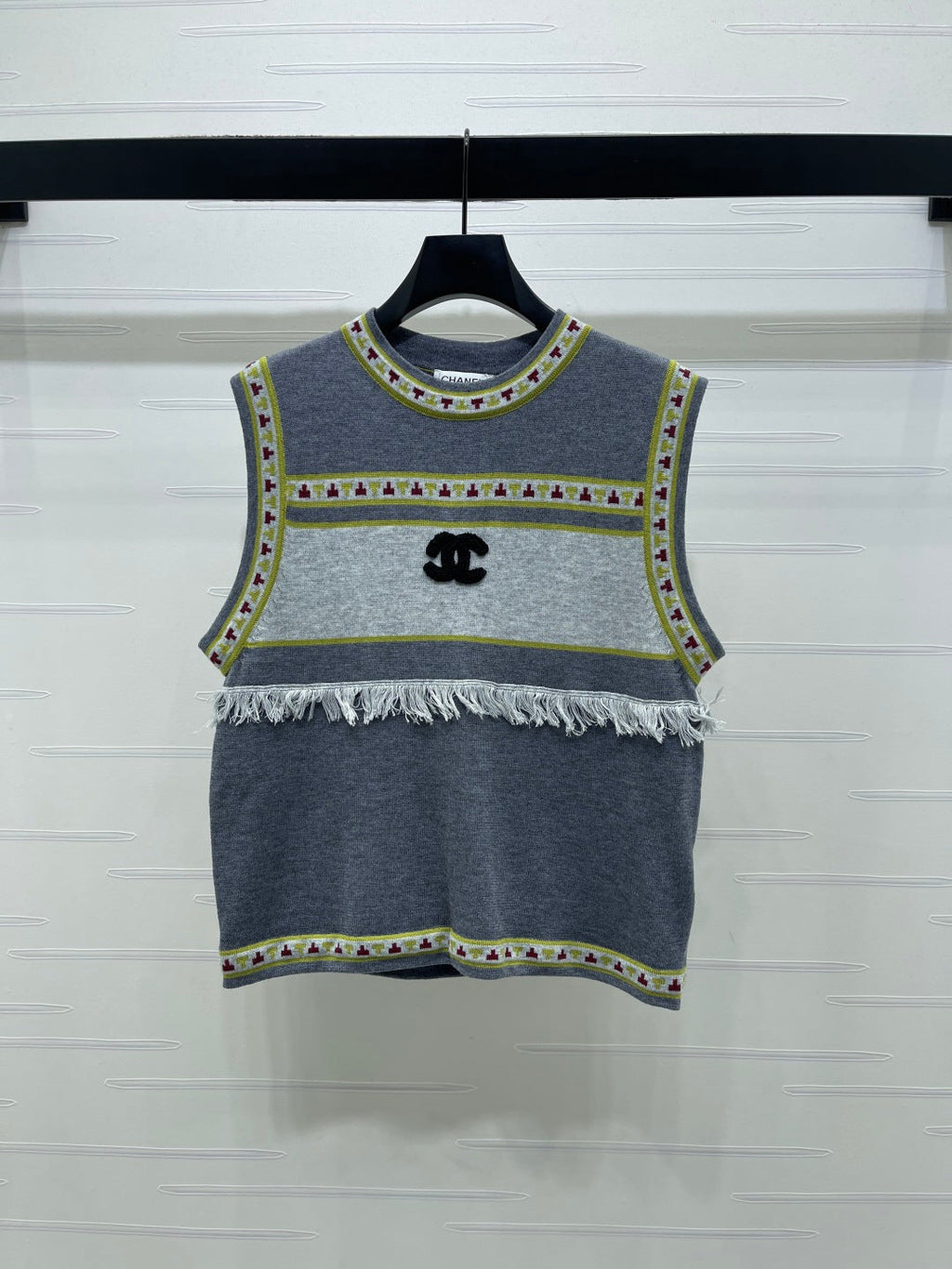 Chanel 2026 Crew Neck Knit Vest Grey and Brown Wool