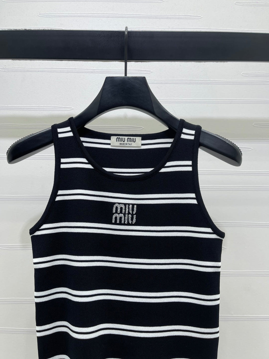 Miumiu 2026 Crew Neck Striped Knit Vest Black and White Wool 352631