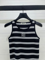 Miumiu 2026 Crew Neck Striped Knit Vest Black and White Wool 352631