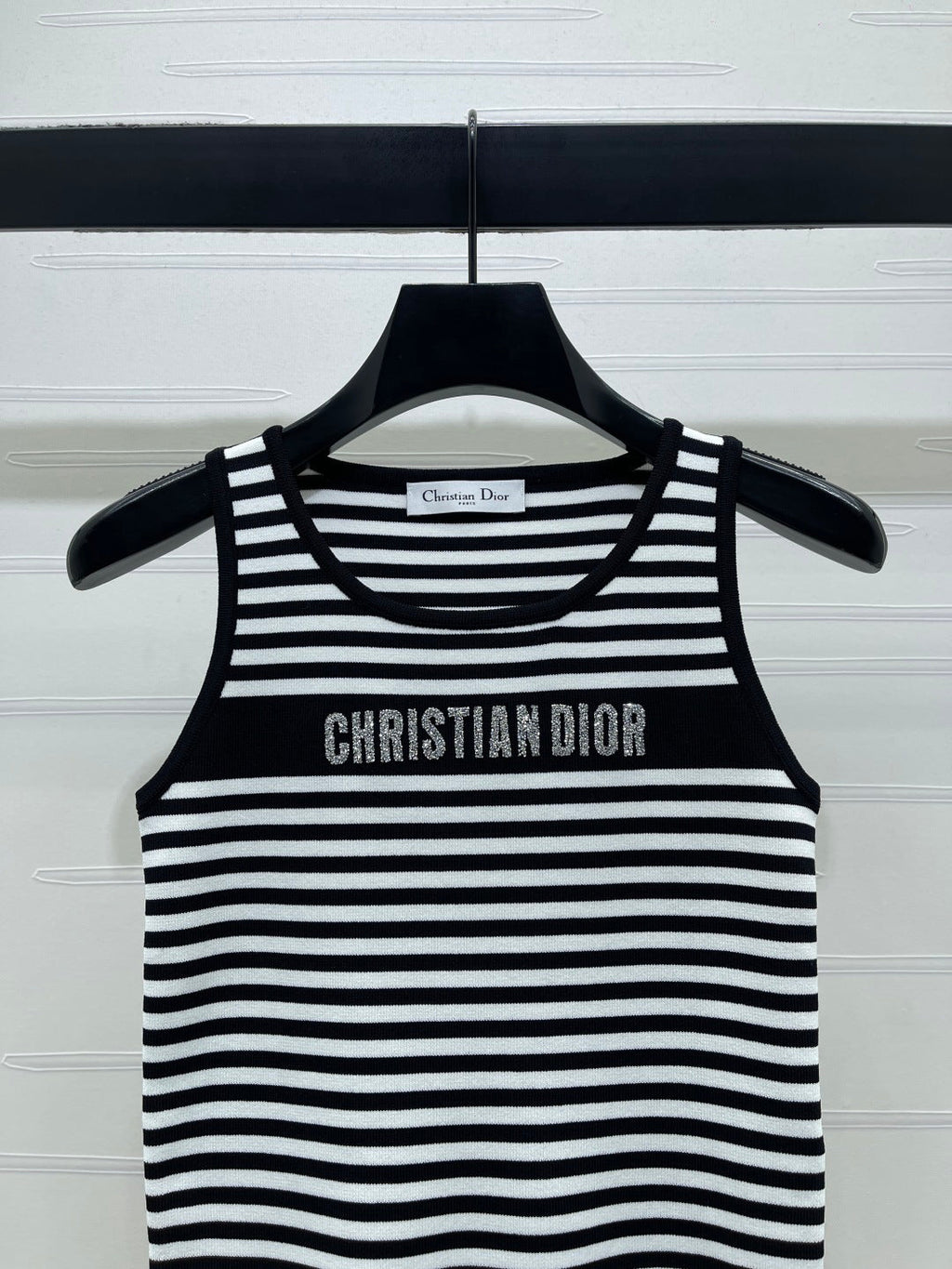 Dior 2026 Striped Letter Crew Neck Knit Vest Black and White Wool