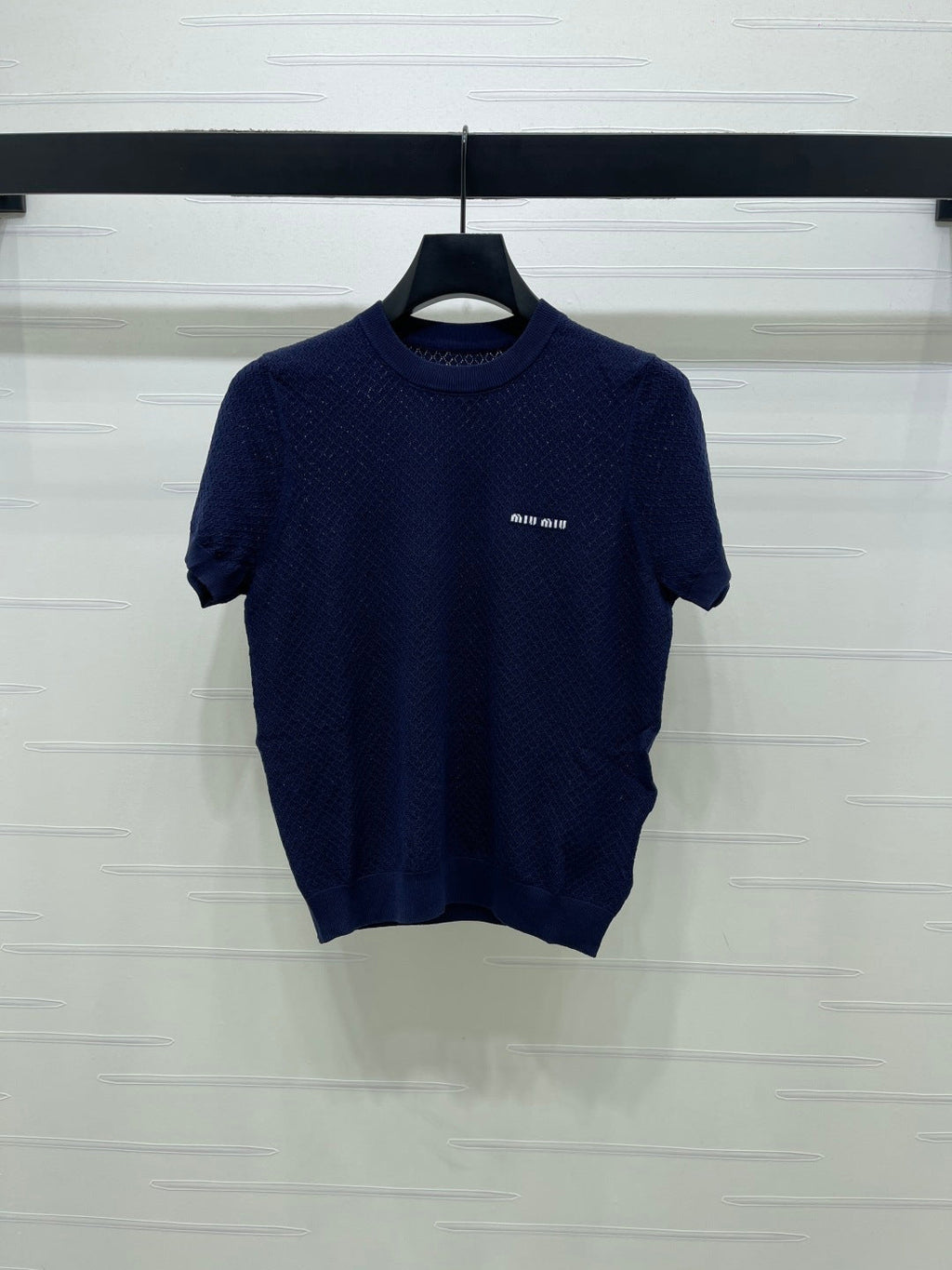 Miumiu 2026 Crew Neck Knit Short-Sleeve Shirt with Letter Logo Tencel