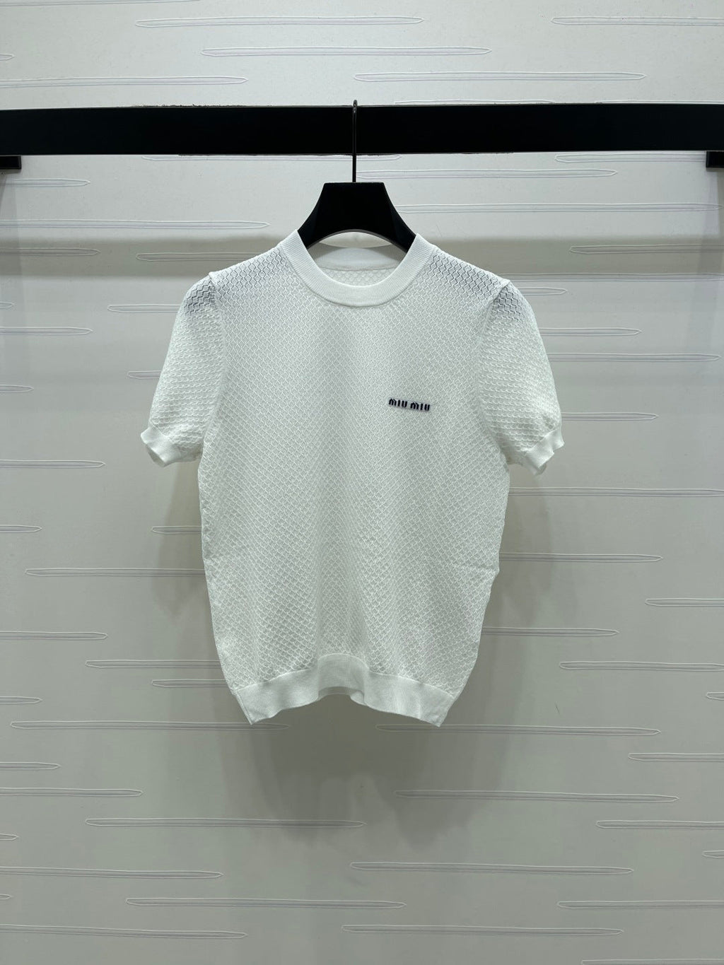 Miumiu 2026 Crew Neck Knit Short-Sleeve Shirt with Letter Logo Tencel