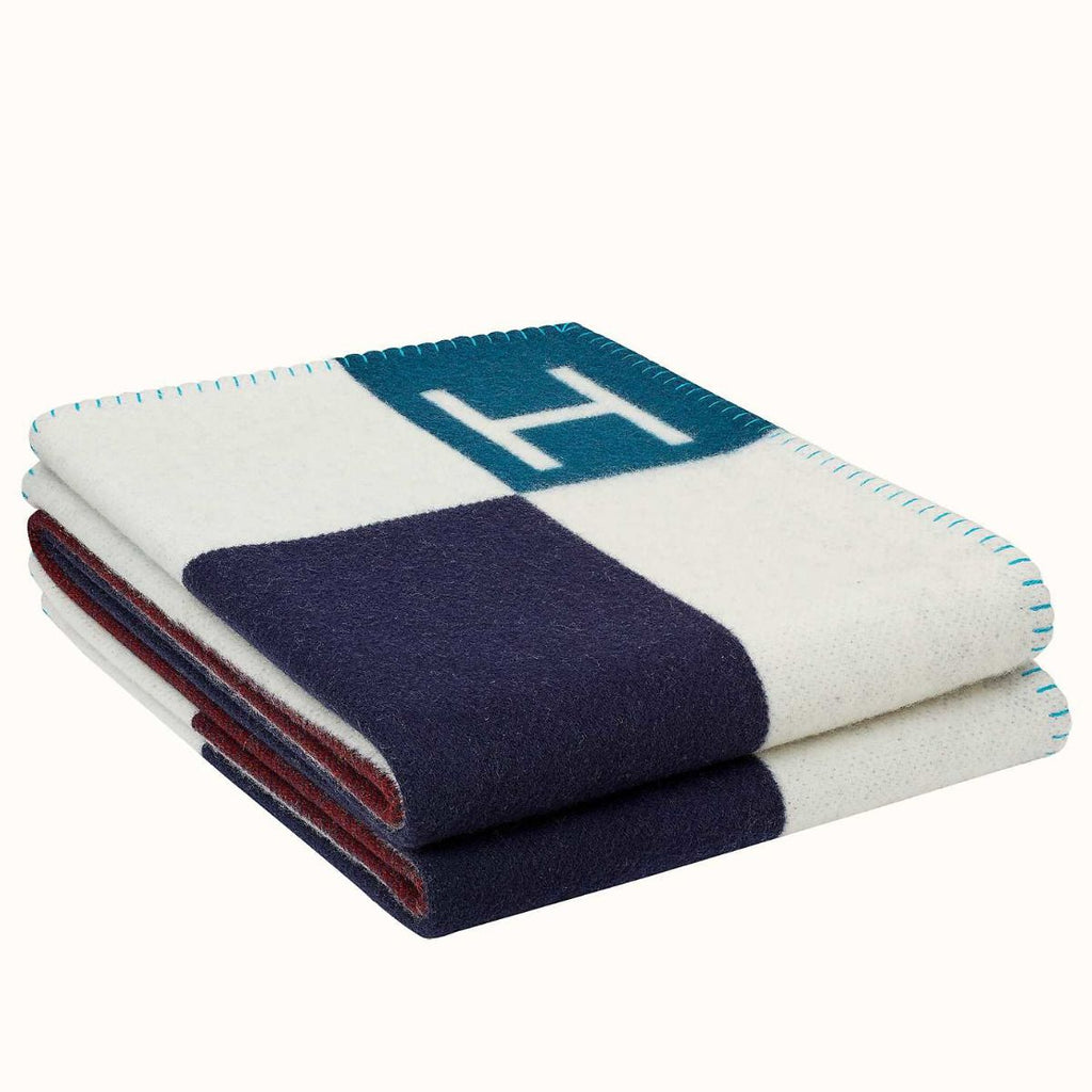HM Avalon Throw Blanket Ecru Indigo Wool Cashmere