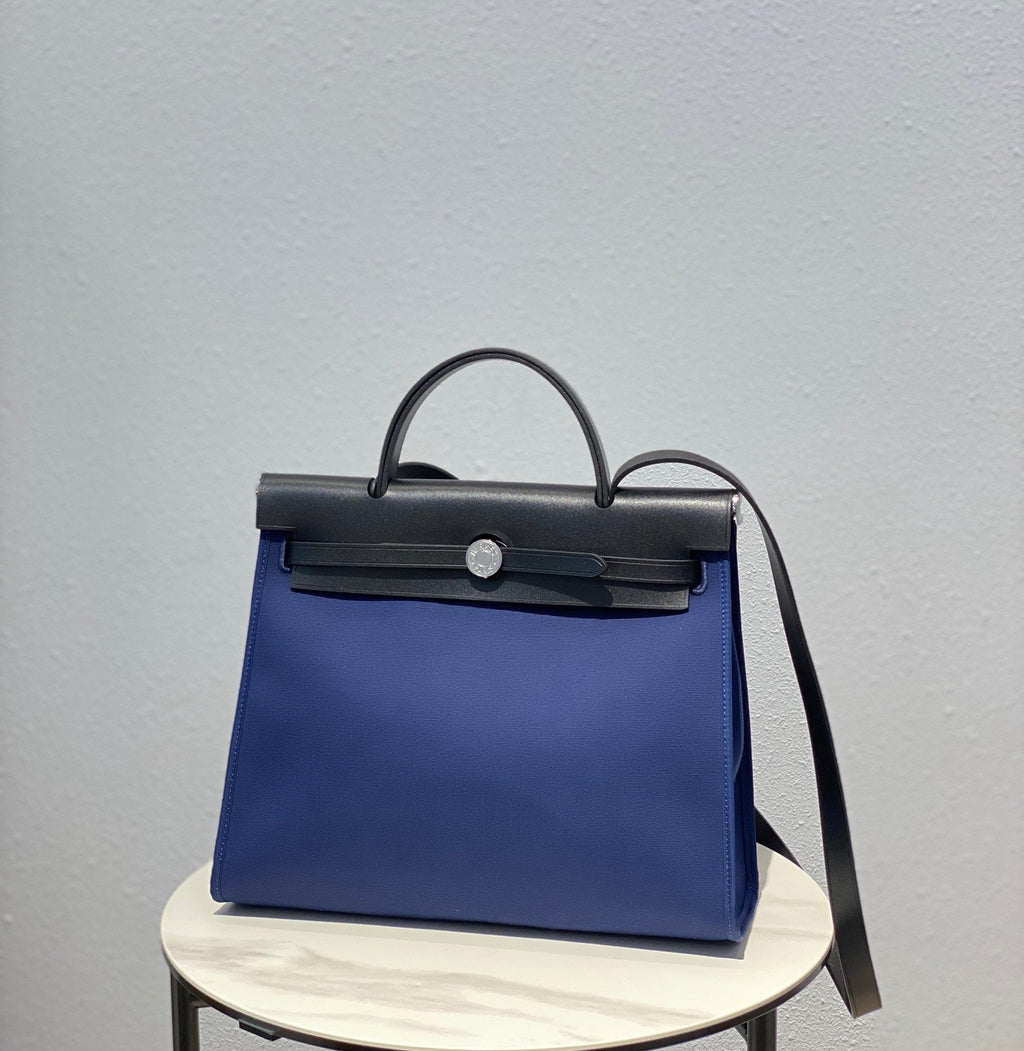Herbag 31 Toile Blue Canvas Black Cowhide Leather