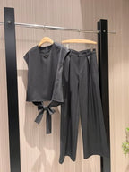 Prada Bow Tie T-shirt and Trouser Set Brown and Gray Wool Polyester