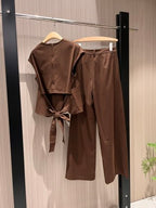Prada Bow Tie T-shirt and Trouser Set Brown and Gray Wool Polyester