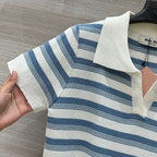 Miu Miu 25 Striped Polo Collar Short-sleeved Top Wool
