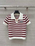 Miu Miu 25 Striped Polo Collar Short-sleeved Top Wool