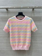 Fendi 25 Knitted Short-sleeved Top Green Pink Wool Cotton