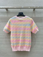 Fendi 25 Knitted Short-sleeved Top Green Pink Wool Cotton