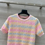Fendi 25 Knitted Short-sleeved Top Green Pink Wool Cotton