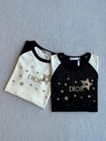 CD Rhinestone Embroidered Short-sleeved T-shirt Black and Beige Cotton