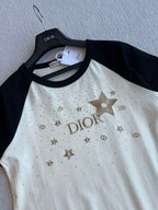 CD Rhinestone Embroidered Short-sleeved T-shirt Black and Beige Cotton