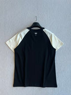 CD Rhinestone Embroidered Short-sleeved T-shirt Black and Beige Cotton