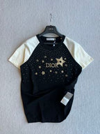 CD Rhinestone Embroidered Short-sleeved T-shirt Black and Beige Cotton