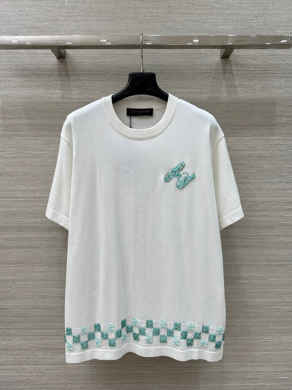 LV 25 Plaid Beading Embroidered Letters Casual  T-Shirt White Beige Cotton