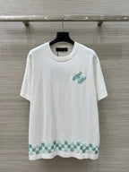 LV 25 Plaid Beading Embroidered Letters Casual  T-Shirt White Beige Cotton