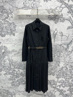 LV 25 Pleated Design Belt That Pinches Waist Dress Black White Cotton