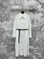 LV 25 Pleated Design Belt That Pinches Waist Dress Black White Cotton