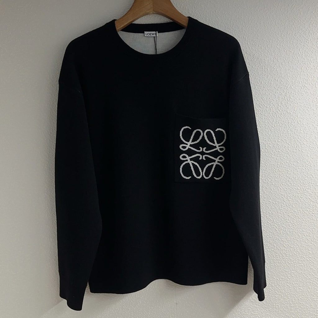 Loewe 2025 Round Neck Embroidered Large Logo Sweater Black White Wool