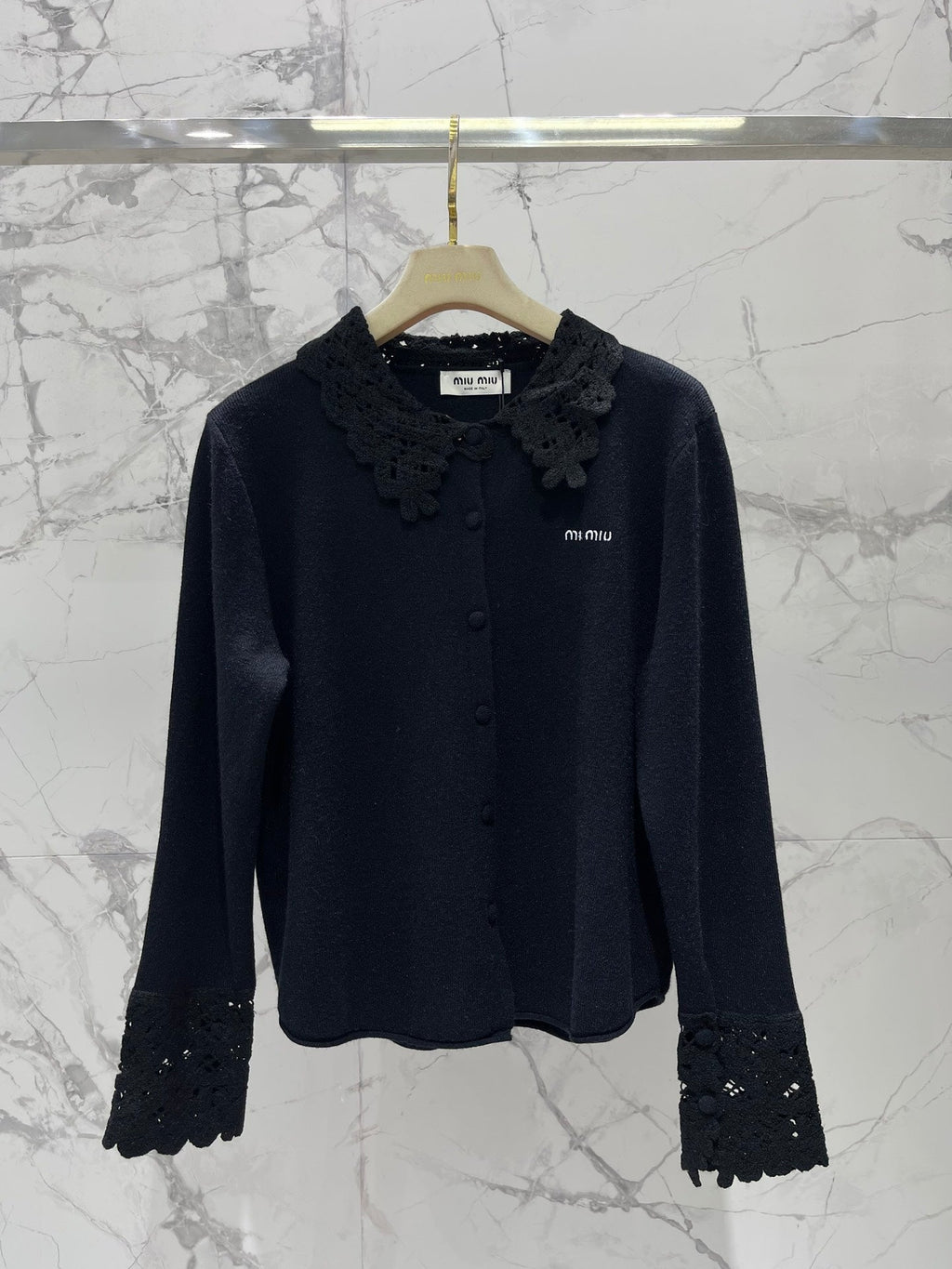 Miumiu 2025 Hollow-Out Crochet Collar Age-Defying Knit Cardigan Wool