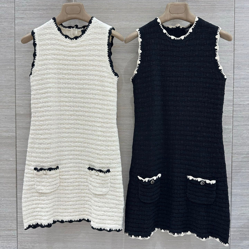 Chanel 2026 Sleeveless Dress Black and Off-White Wool