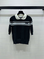 Miumiu 2026 Pan Collar Knit Short-sleeved Top Cream and Black Tencel 352458
