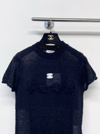 Chanel 2026 Floral Short Sleeve T-shirt Black and Beige Wool