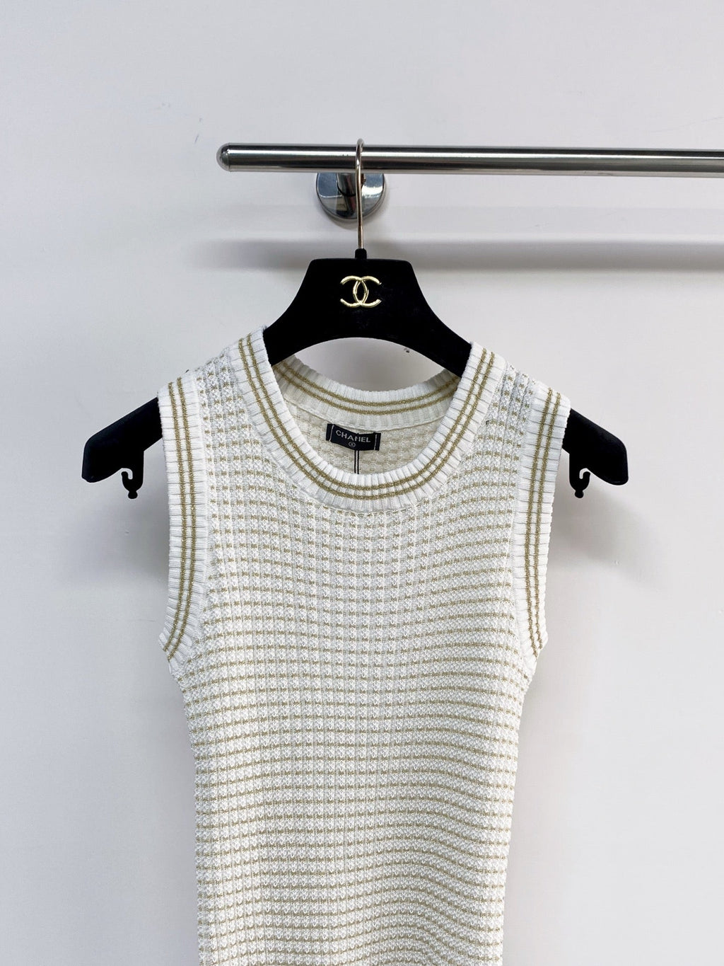 Chanel 2026 Knit Vest Cream and Navy Blue Tencel Nylon