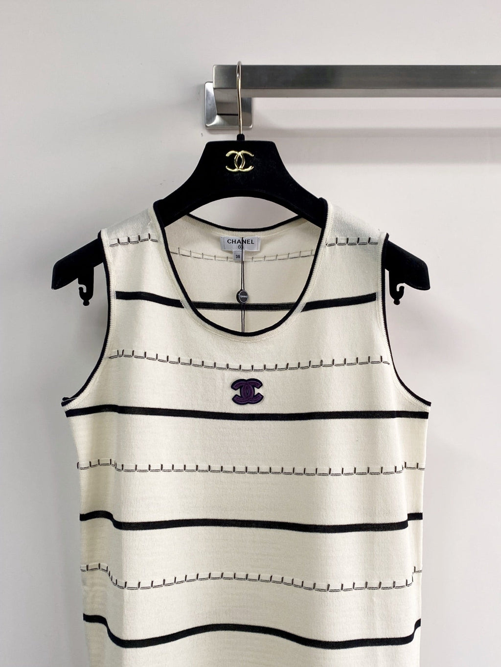 Chanel 2026 Black And White Striped Knit Tank Top Wool Cashmere