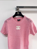 Chanel 2026 Hollow Short-Sleeve Shirt Pink Black White Wool Cashmere