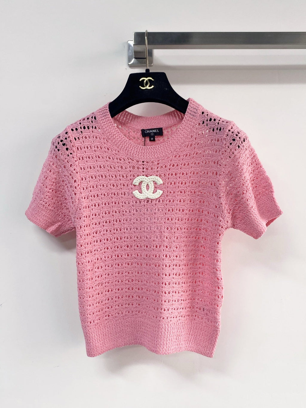 Chanel 2026 Hollow Short-Sleeve Shirt Pink Black White Wool Cashmere