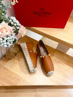 Valentino Rockstud Embellished Slip On Espadrille BRown Cowhide 240573