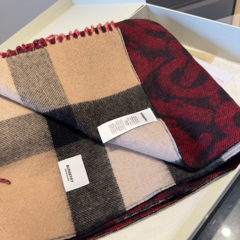 BBR Long Scarf 200CM Red Beige Black Cashmere 293423