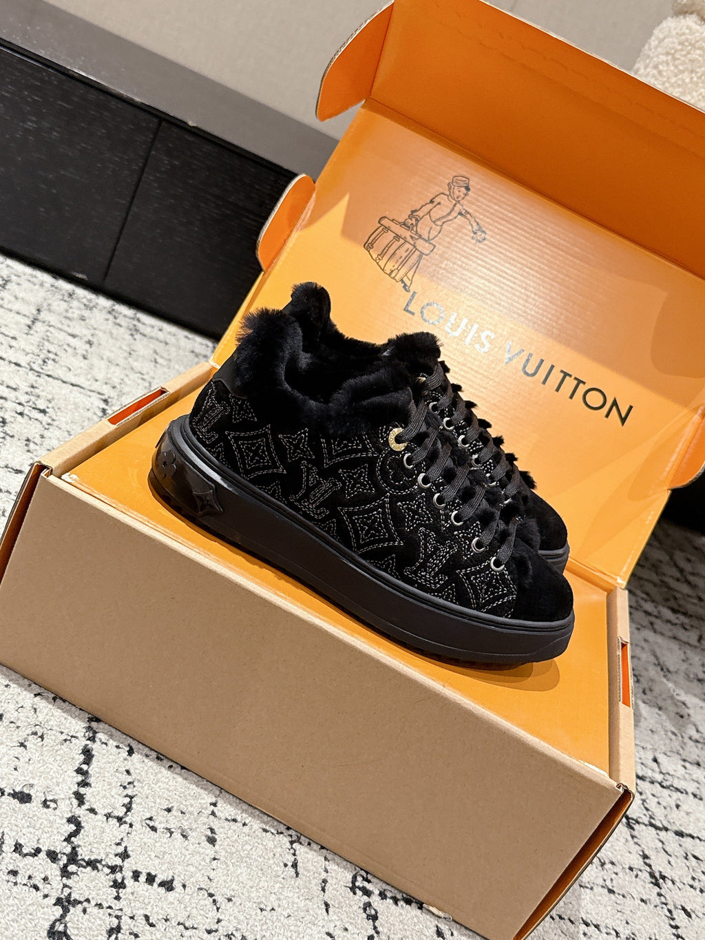 LV 2026 Time Out Sneaker Black Suede Wool 595290