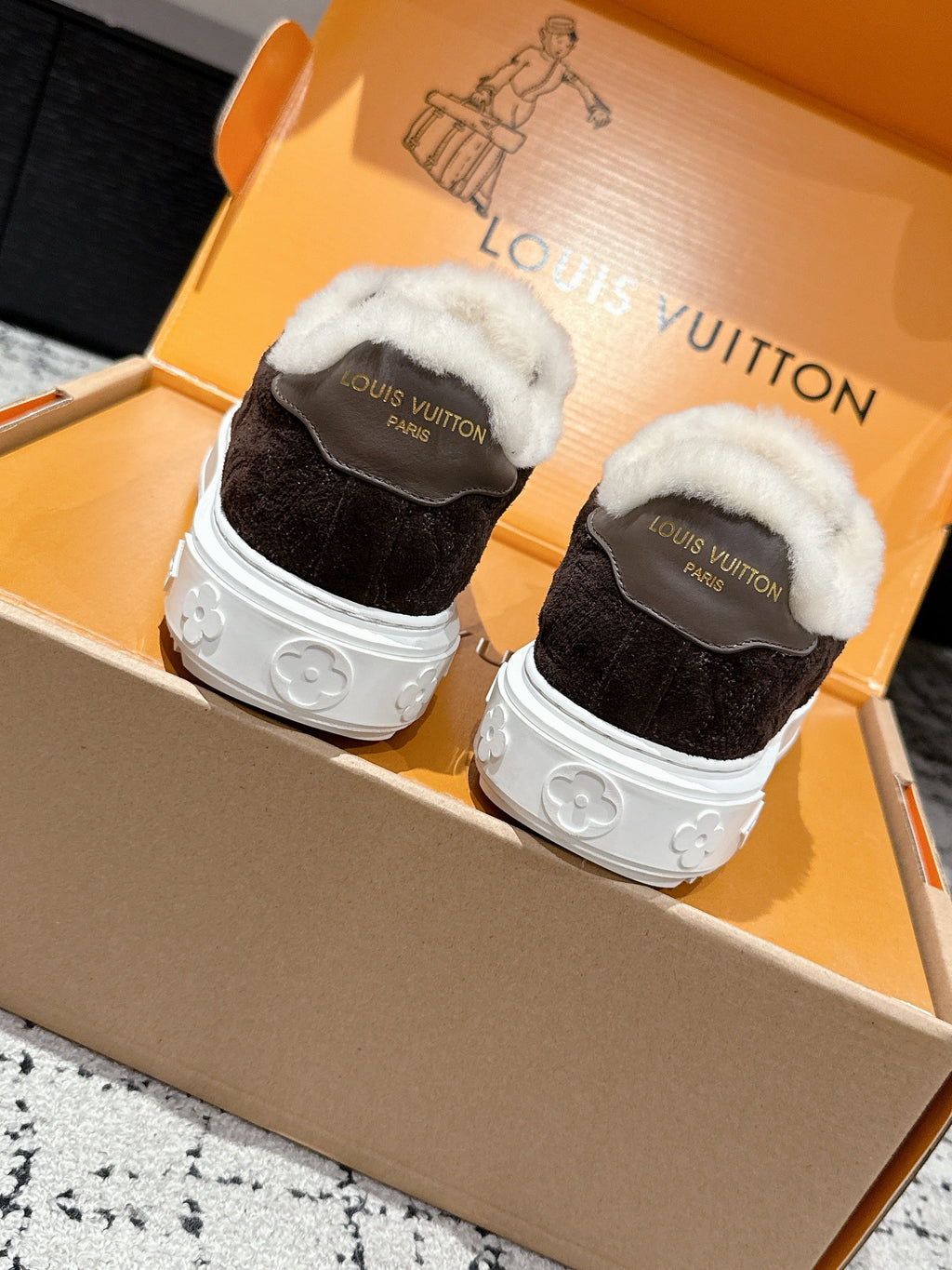 LV 2026 Time Out Sneaker Brown White Suede Wool 595292