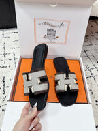 HM 26ss Oran Sandals Black White Brown Canvas Cowhide 617214