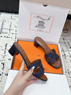 HM 26ss High-Heeled Sandals 50 Brown Dark Blue Denim Cowhide 617221