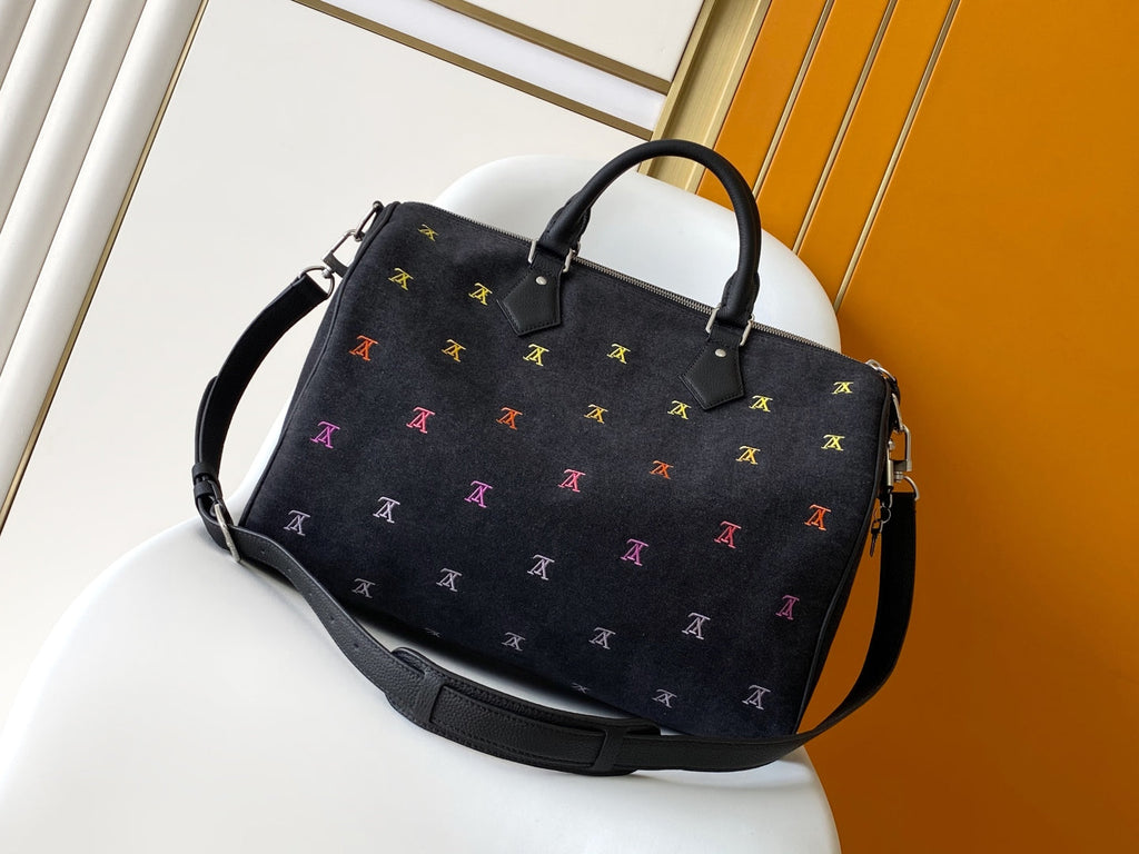 LV Speedy 40 BandouliÃ¨re Bag Black Denim Leather 252470