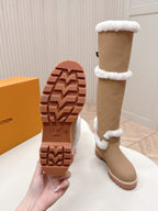 LV 2026 Territory Flat Thigh Boot Beige White Nubuck Calf Leather 595434